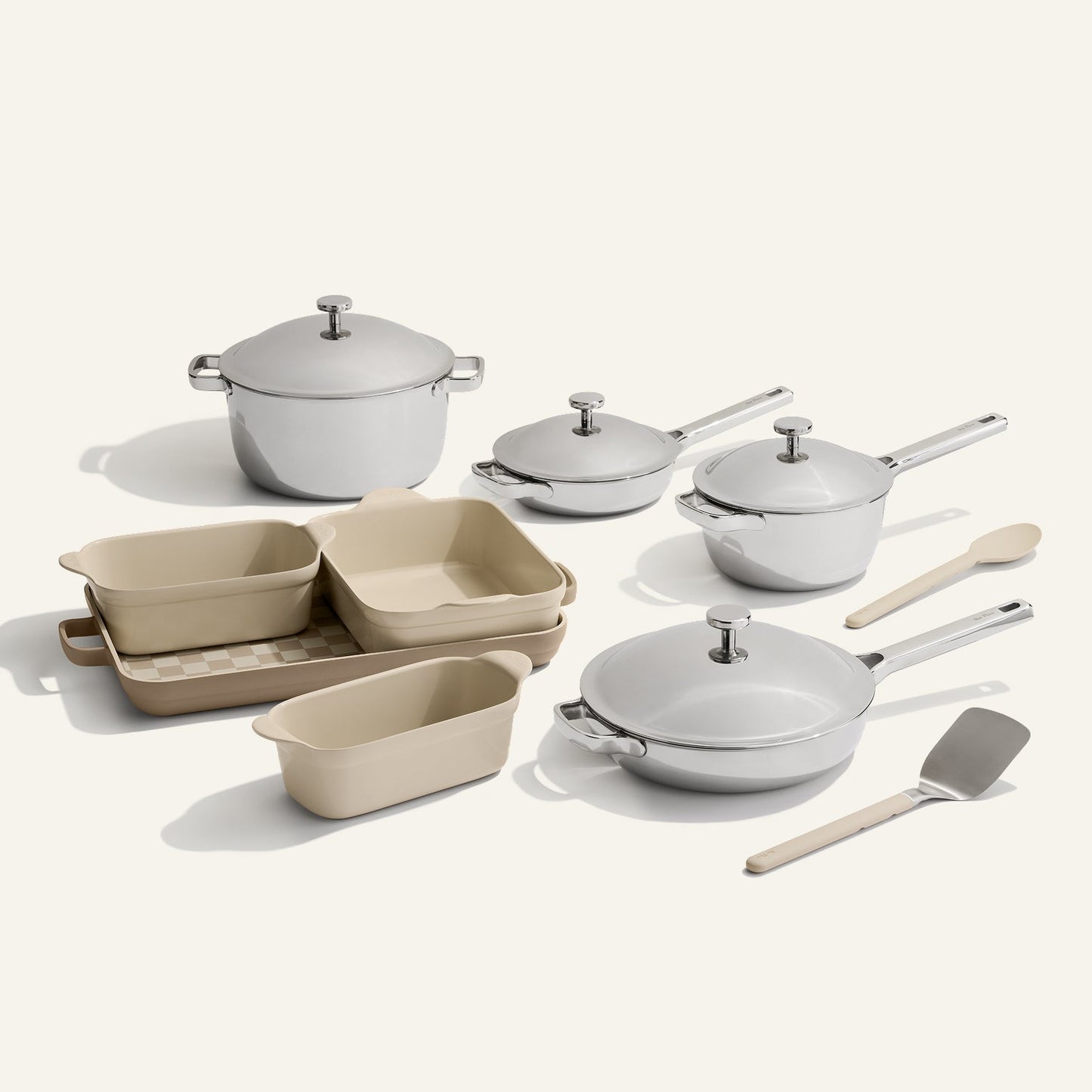 chrome titanium perfect pot pro, mini perfect pot pro, mini always pan pro, always pan pro and beige bakeware set with silicone spoon and stainless steel spatula