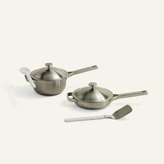titanium pot and pan on white background